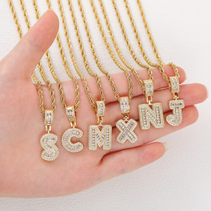 Hot selling fashionable copper inlaid zircon plated 18k gold necklace with 26 English letters
