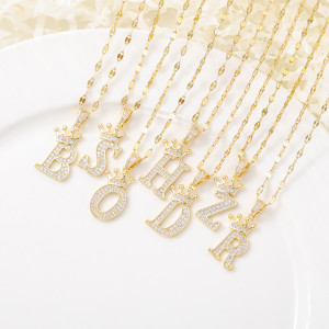 Hot selling copper micro inlaid zircon plated 18k real gold crown letter necklace (Pendant+Chain)