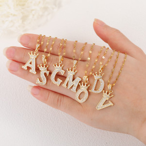 Hot selling copper micro inlaid zircon plated 18k real gold crown letter necklace (Pendant+Chain)