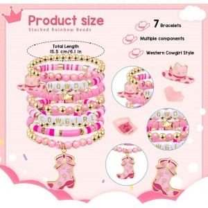 New Western Cowboy Pink Bracelet with Letter Beads and Multi Layer Elastic Soft Ceramic Bracelet