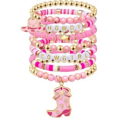 New Western Cowboy Pink Bracelet with Letter Beads and Multi Layer Elastic Soft Ceramic Bracelet