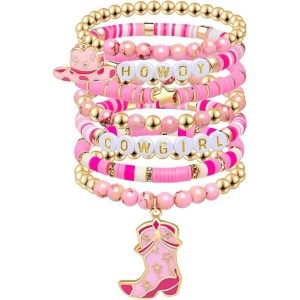 New Western Cowboy Pink Bracelet with Letter Beads and Multi Layer Elastic Soft Ceramic Bracelet