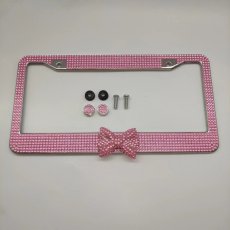 Bow shaped acrylic diamond studded US standard stainless steel license plate frame
