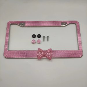 Bow shaped acrylic diamond studded US standard stainless steel license plate frame