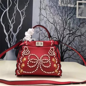 FENDI BAG red leather girl bag embroidered pearl handbag