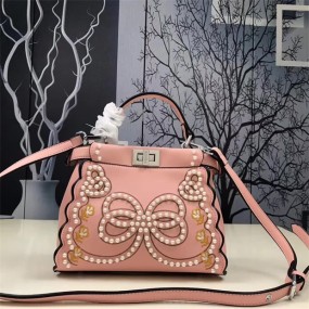 FENDI BAG Pink Leather girl bag embroidered pearl handbag