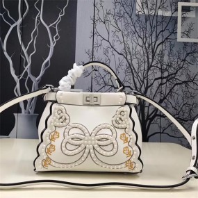 FENDI BAG white leather girl bag embroidered pearl handbag