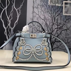 FENDI BAG light blue genuine leather women bag embroidered pearl handbag