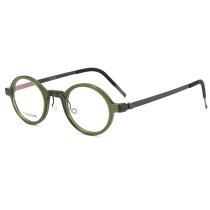 Olet Prescription Glasses Titanium Eyeglasses Green/Gunmetal Vintage Round Frame Medium Size LT1810C9