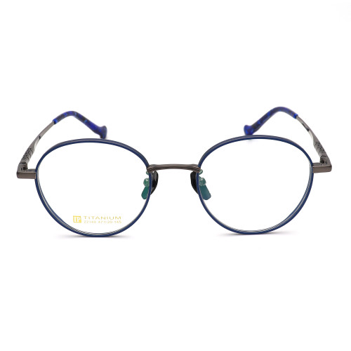 Olet Prescription Glasses Titanium Eyeglasses Gunmetal/Blue Round Frame Small Size LP22149C4