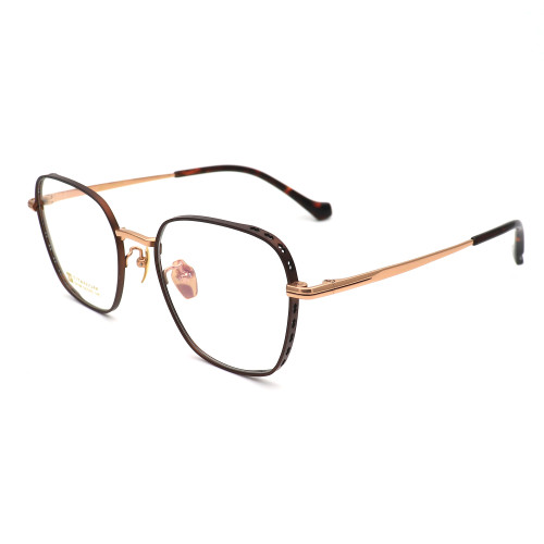 Olet Prescription Glasses Titanium Eyeglasses Coffee/Gold Geometric Frame Large Size LP22159C2