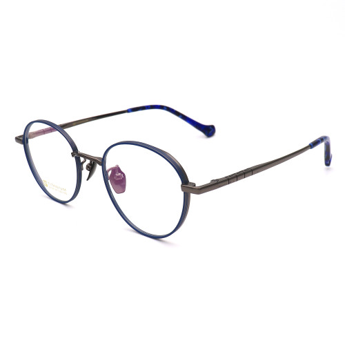 Olet Prescription Glasses Titanium Eyeglasses Gunmetal/Blue Round Frame Small Size LP22149C4