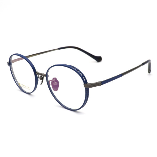 Olet Prescription Glasses Titanium Eyeglasses Gunmetal/Blue Round Frame Medium Size LP22155C4