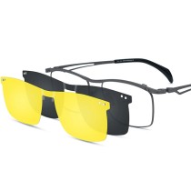 Large Grey Rectangle Titanium Glasses with Clip On Sun Glasses LE0606