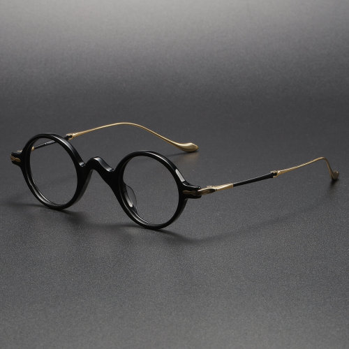 Elegant Black and Gold Round Thick Lens Glasses with Acetate and Titanium Frame LE1100