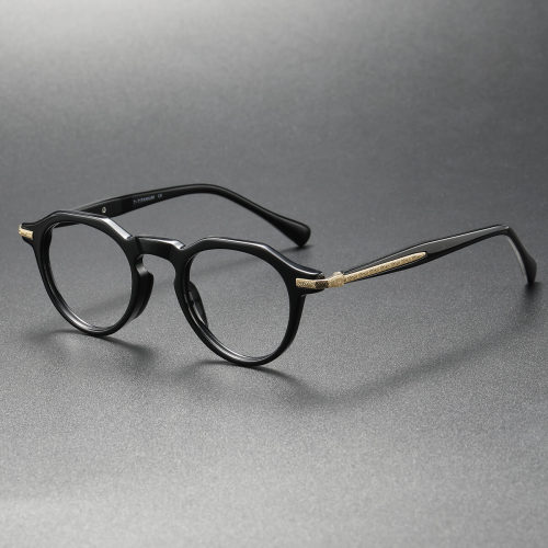 Black and Gold Glasses LE0068 - Luxurious Round Acetate Frames