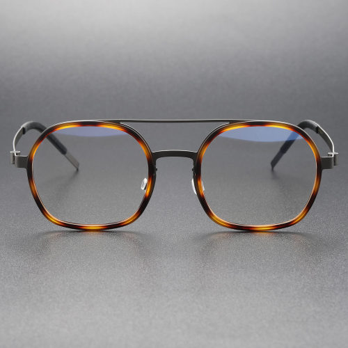 Tortoiseshell Glasses LE0256 - Round Titanium Frames with Double Bridge