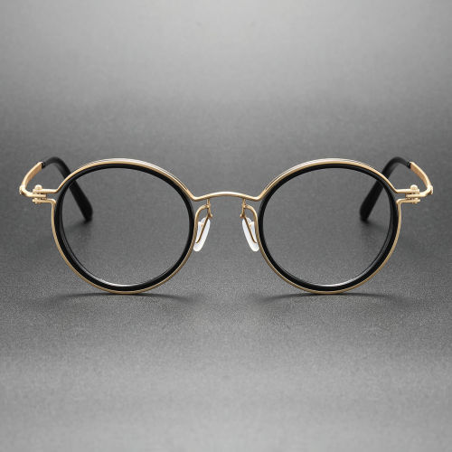 Black and Gold Glasses LE0447 - Elegant Round Titanium Frames