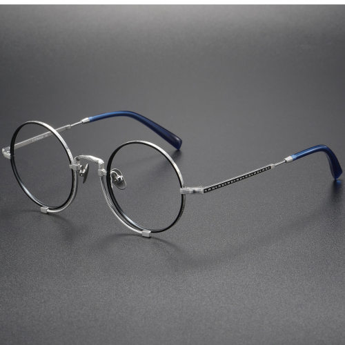 Round Glasses LE0023 - Silver Elegance with Black Accents