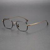 Olet Optical's LE0499 Black & Gold glasses, featuring an elegant black rim with gold arms, crafted from hypoallergenic titanium for comfort and style.