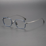 Olet Optical's LE0499 oval glasses featuring Blue & Silver titanium frames with hypoallergenic IP plating, designed for minimalistic style and adjustable nose pads for comfort.