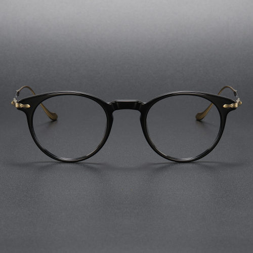 Black Round Glasses LE1027 - Vintage Design with Gold Arms for a Luxurious Look