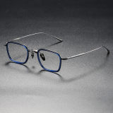 Olet Optical LE0278 titanium eyeglass frames in blue and silver, featuring a screwless design and adjustable nose pads for enhanced comfort and style.

