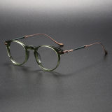 Olet Optical's LE1027 green glasses featuring round clear green frames with rose gold arms, perfect for a stylish vintage look
