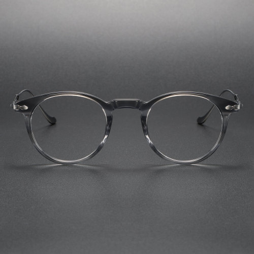 Round Glasses Frames LE1027 - Striped Gray with Silver Arms for a Vintage Look