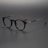 Black Round Glasses LE1027 - Vintage Design with Gold Arms for a Luxurious Look
