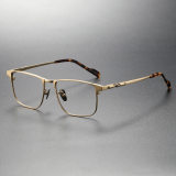 Olet Optical's LE0085 gold square glasses featuring hypoallergenic titanium frames with adjustable nose pads, suitable for both men and women.

