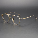 Olet Optical's Gold Aviator Glasses LE1012, featuring high-end titanium frame and classic aviator shape with unique racket-shaped nose pads.
