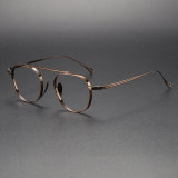 Olet Optical's LE1012 Aviator Glasses in bronze, crafted from pure titanium with unique tennis racket-shaped nose pads for comfort.
