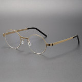 Olet Optical LE0207 round eyeglasses in Gold, featuring titanium glasses with hypoallergenic IP plating, adjustable nose pads, and a seamless screwless design.
