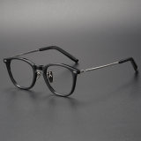 Olet Optical's LE0417 Black & Gunmetal Glasses, featuring sleek black acetate frames paired with sturdy gunmetal titanium arms for a modern look.
