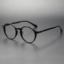 Black Glasses LE0228 - Sleek Acetate Round Frame with Titanium Detailing