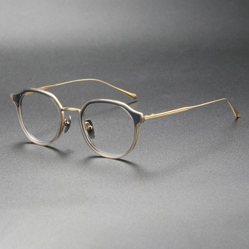 Large Prescription Eyeglasses LE0490 - Translucent Gray & Gold Geometric Design