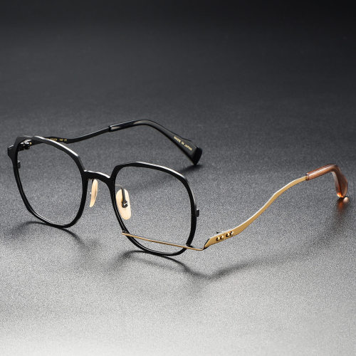 Square Black Glasses LE0430: Stylish Asymmetrical Black & Gold Titanium Design