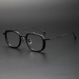 Olet Optical's aviator eyeglasses LE0057 in distinctive black and gunmetal, featuring hypoallergenic IP coating and a lightweight titanium frame with a unique tortoiseshell nose pad.

