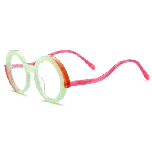 Large Round Prescription Glasses - Lightweight Green Acetate Glasses with Color Blocking and Wavy Temples, LE3017