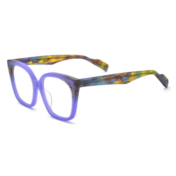 Purple Eyeglass Frames - LE3027 Frosted Purple Acetate Square Glasses with Colorful Temples