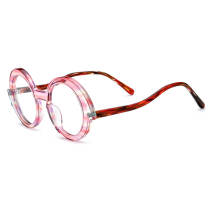 Acetate Glasses Frames - Lightweight Pink Round Glasses with Color Blocking and Wavy Temples, LE3017