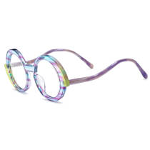 Purple Prescription Glasses - Lightweight Acetate Round Glasses with Color Blocking and Wavy Temples, LE3017