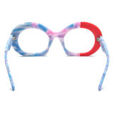 Large Glasses - Frosted Red & Blue Acetate Oval Glasses with Integrated Nose Pads, LE3018