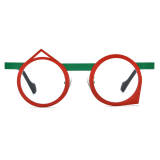 Large Round Glasses - Stylish Red & Green Titanium Glasses with Unique Triangular Accents, LE3015