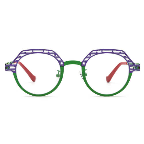 Titanium Eyeglass Frames LE3023 - Purple & Green Geometric Design with Adjustable Nose Pads