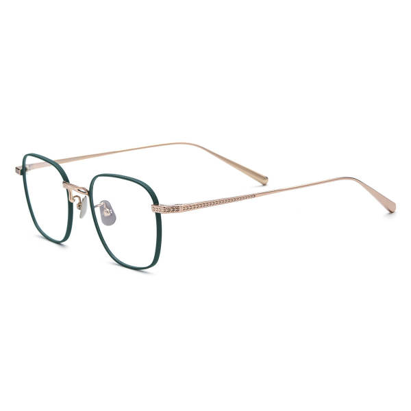 Green Eyeglasses with Gold Accents - Lightweight, Hypoallergenic Titanium Square Glasses, LE3011