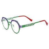 Titanium Eyeglass Frames LE3023 - Purple & Green Geometric Design with Adjustable Nose Pads