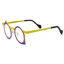 Purple Eyeglasses - Stylish Yellow & Titanium Round Glasses with Unique Triangular Accents, LE3015