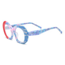 Large Glasses - Frosted Red & Blue Acetate Oval Glasses with Integrated Nose Pads, LE3018